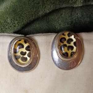Leopard Print Oval Earrings with Gold Accents